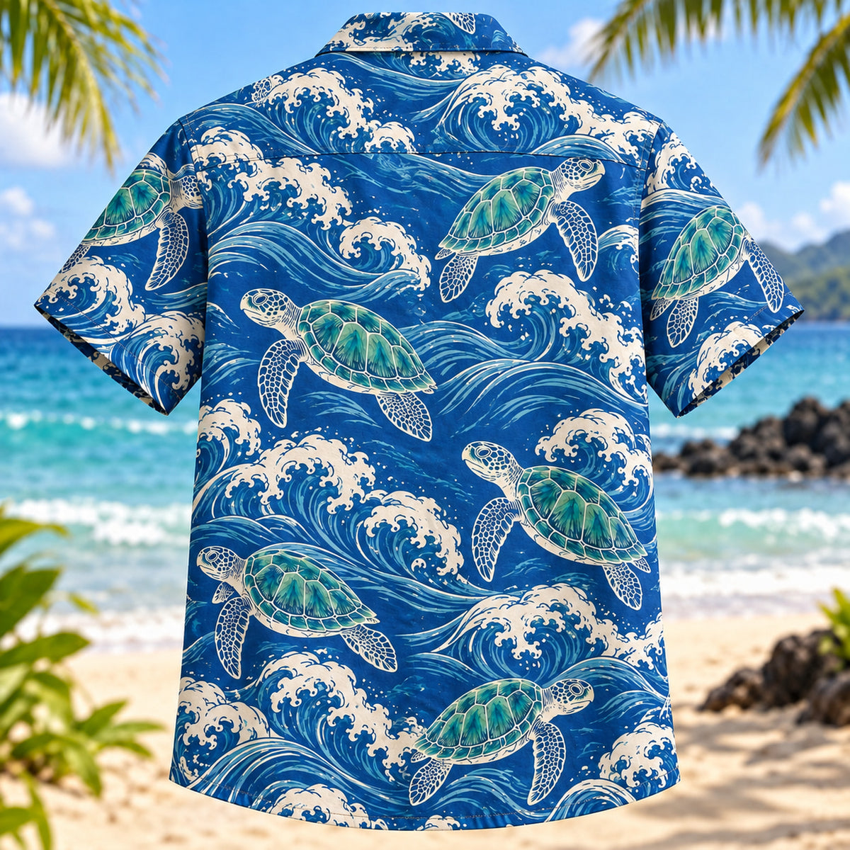 Back view of Turtle Wave Linework Sea Turtle Hawaiian Shirt with matching artwork in cobalt, ivory, jade