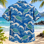 Back view of Turtle Wave Linework Sea Turtle Hawaiian Shirt with matching artwork in cobalt, ivory, jade