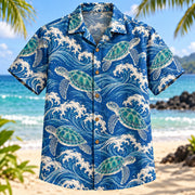 Front view of Turtle Wave Linework Sea Turtle Hawaiian Shirt with line drawn sea turtles and elegant curling waves