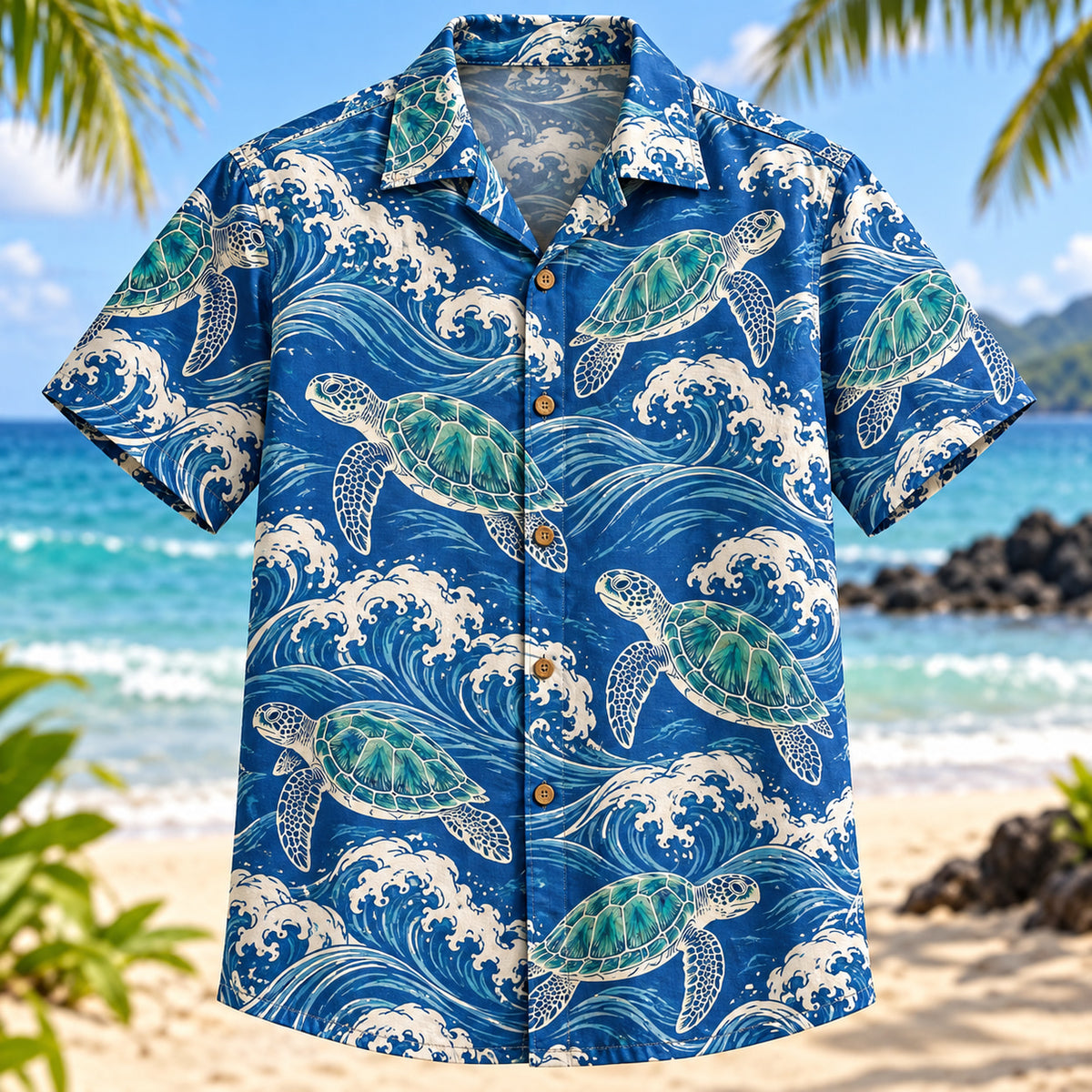 Front view of Turtle Wave Linework Sea Turtle Hawaiian Shirt with line drawn sea turtles and elegant curling waves