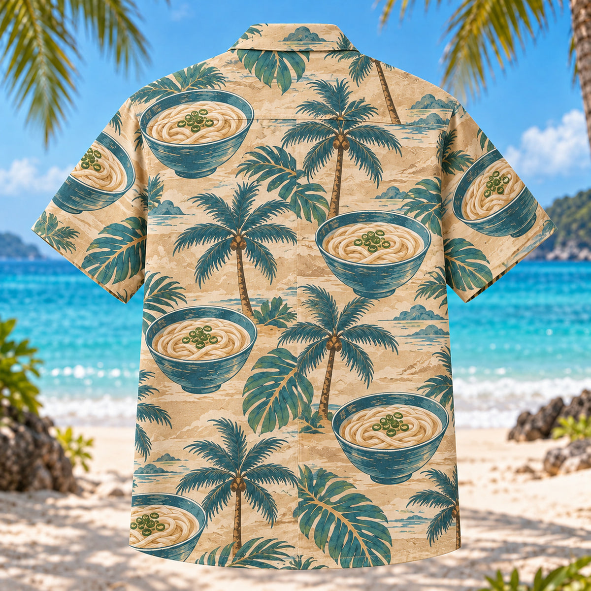 Back view of Udon Palm Japanese Food Hawaiian Shirt with matching artwork in tan, teal, cream