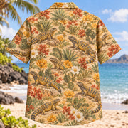 Back view of Uromastyx Desert Reptile Hawaiian Shirt with matching artwork in gold, sage, rust