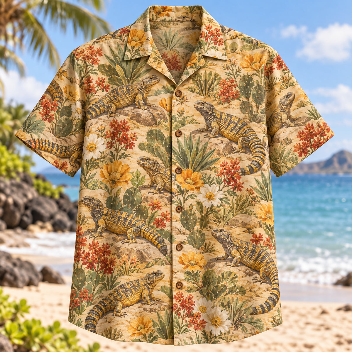 Front view of Uromastyx Desert Reptile Hawaiian Shirt with uromastyx lizards among desert blooms