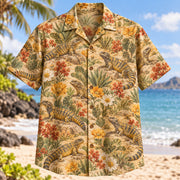 Front view of Uromastyx Desert Reptile Hawaiian Shirt with uromastyx lizards among desert blooms