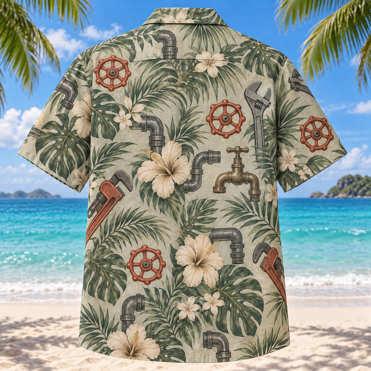 Back view of Valve Wheel Plumber Hawaiian Shirt with matching artwork in sage, sand, charcoal
