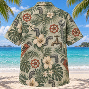 Back view of Valve Wheel Plumber Hawaiian Shirt with matching artwork in sage, sand, charcoal