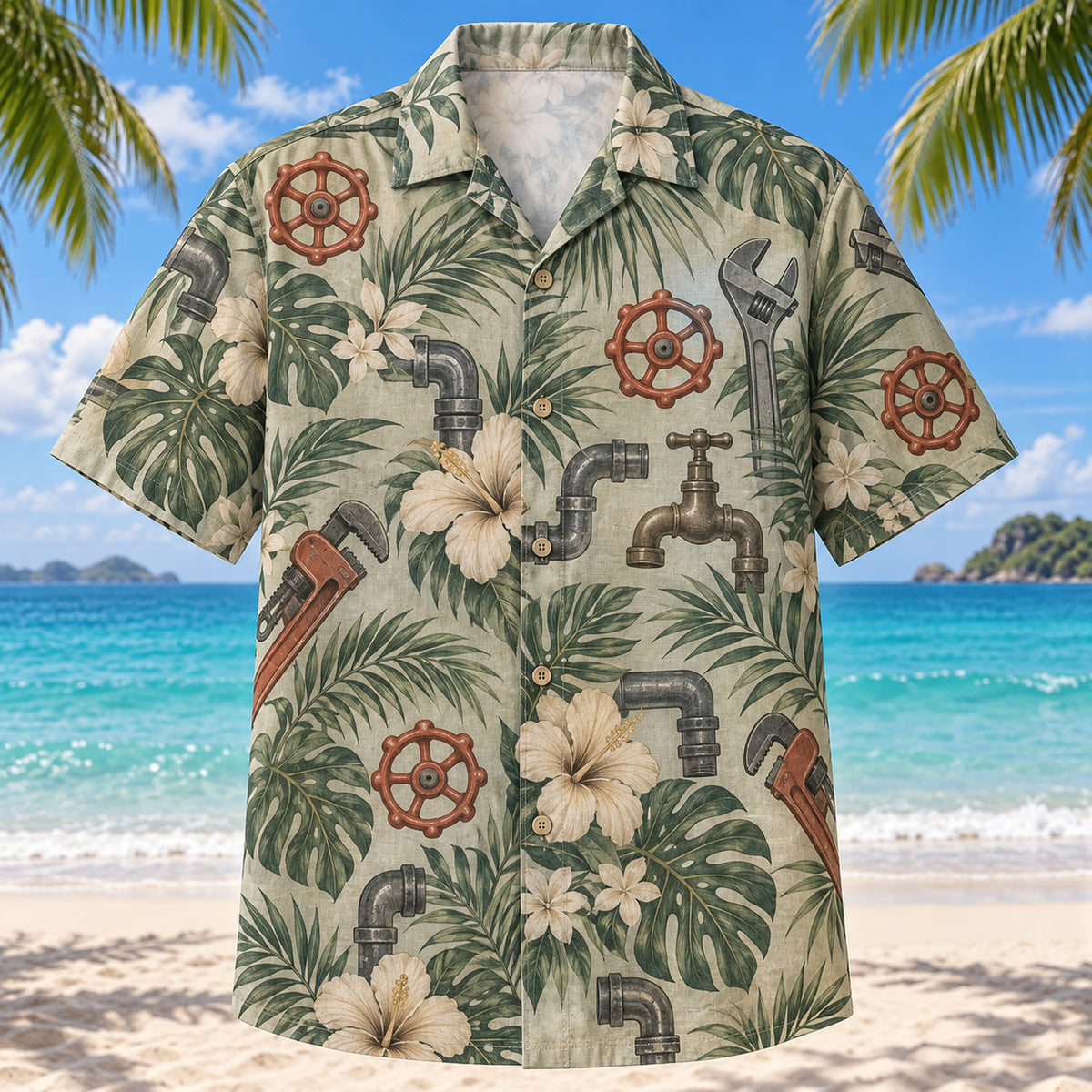 Front view of Valve Wheel Plumber Hawaiian Shirt with original valve wheel motifs, with tropical botanical accents; no text or branded equipment