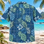 Back view of Vector Botanical Mathematics Hawaiian Shirt with matching artwork in blue, mint, charcoal