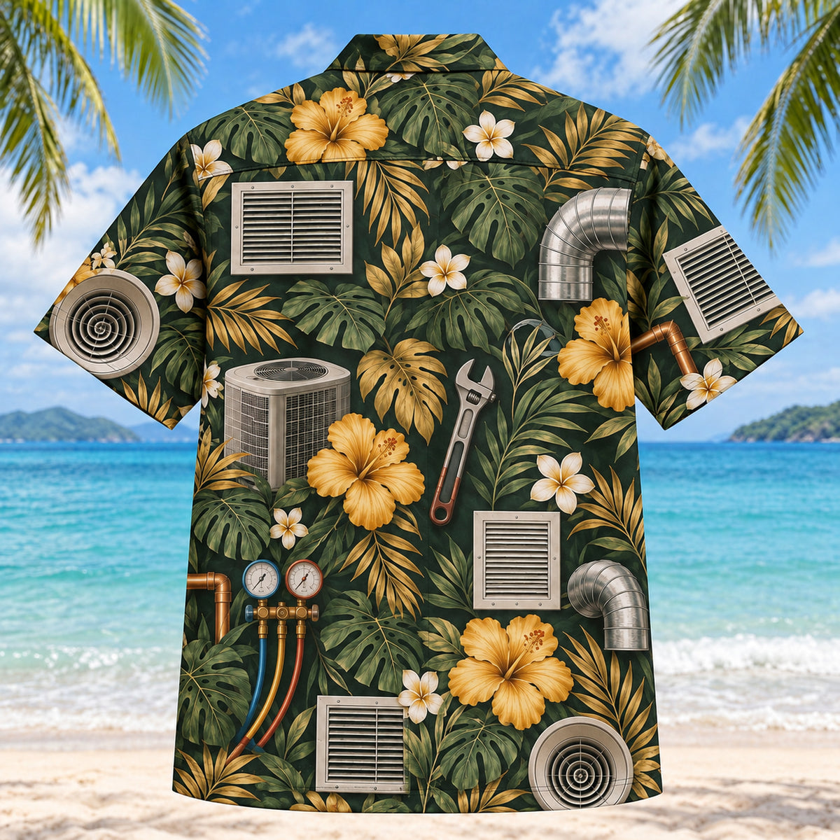 Back view of Vent Grille HVAC Hawaiian Shirt with matching artwork in forest, gold, cream