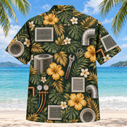 Back view of Vent Grille HVAC Hawaiian Shirt with matching artwork in forest, gold, cream