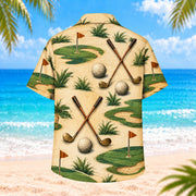Back view of Vintage Golf Clubs Hawaiian Shirt showing generic crossed golf clubs, dimpled golf balls, palms, simple green contours