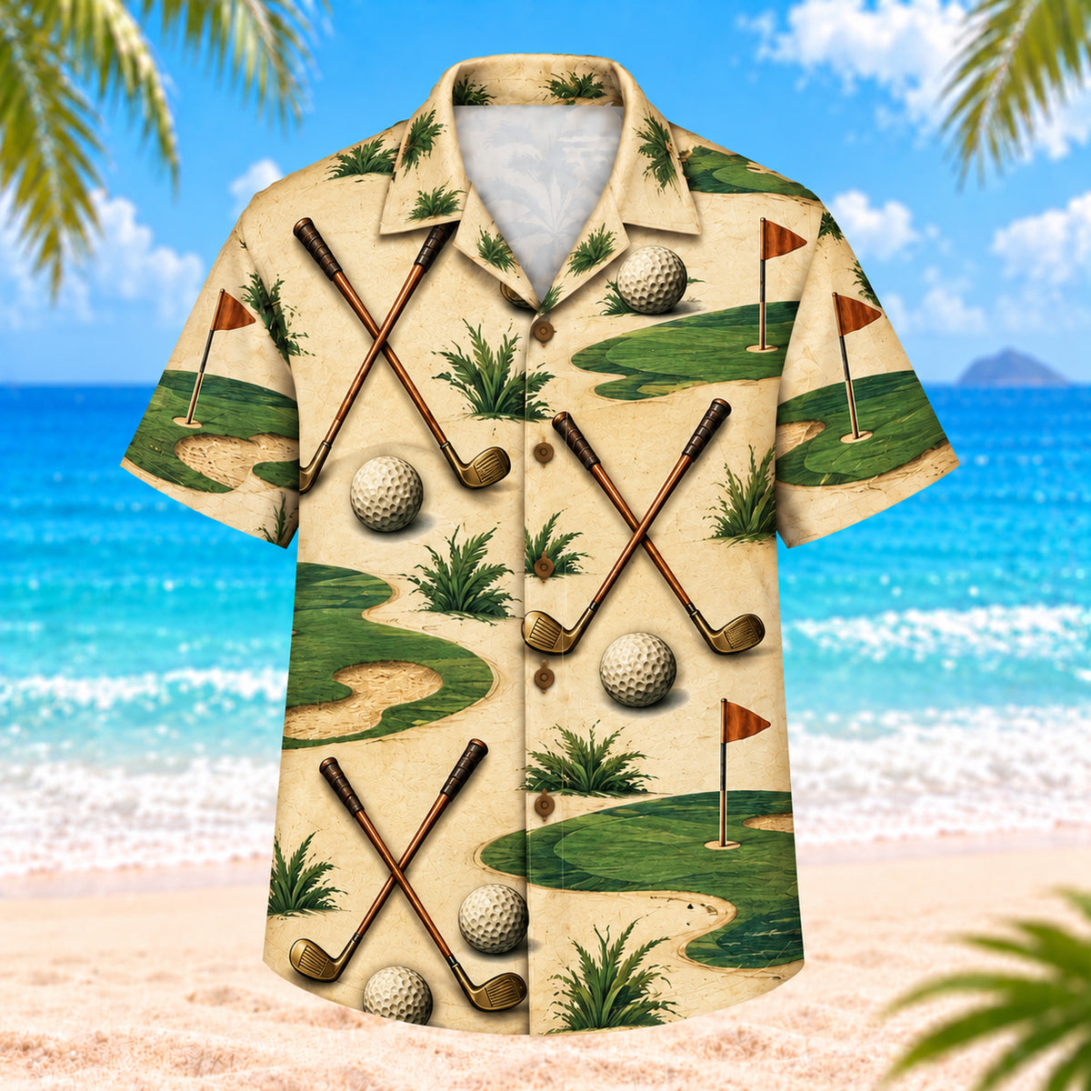 Front view of Vintage Golf Clubs Hawaiian Shirt showing generic crossed golf clubs, dimpled golf balls, palms, simple green contours