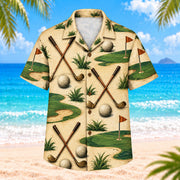 Front view of Vintage Golf Clubs Hawaiian Shirt showing generic crossed golf clubs, dimpled golf balls, palms, simple green contours