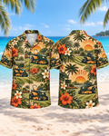 Riding lawn mower Hawaiian shirt with striped lawn, tropical sunset, hibiscus and palm print, front and back
