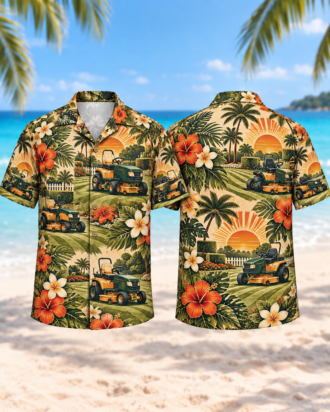 Riding lawn mower Hawaiian shirt with striped lawn, tropical sunset, hibiscus and palm print, front and back