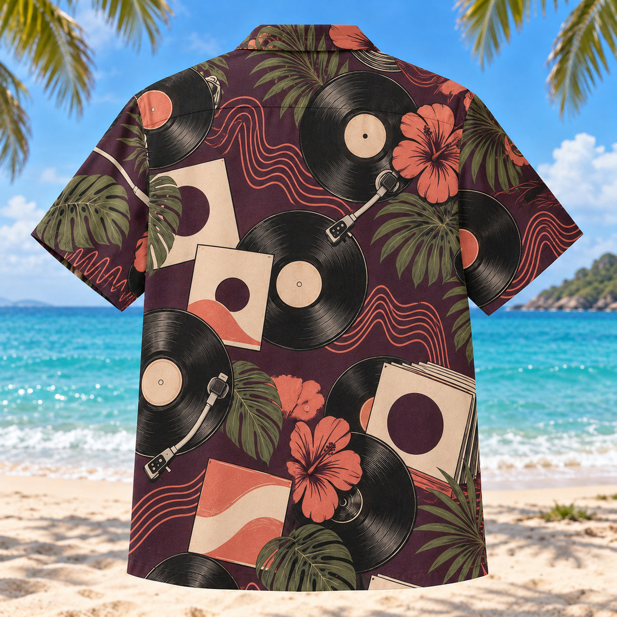 Back view of Vinyl Listening Room Hawaiian Shirt with blank-label records and generic turntables