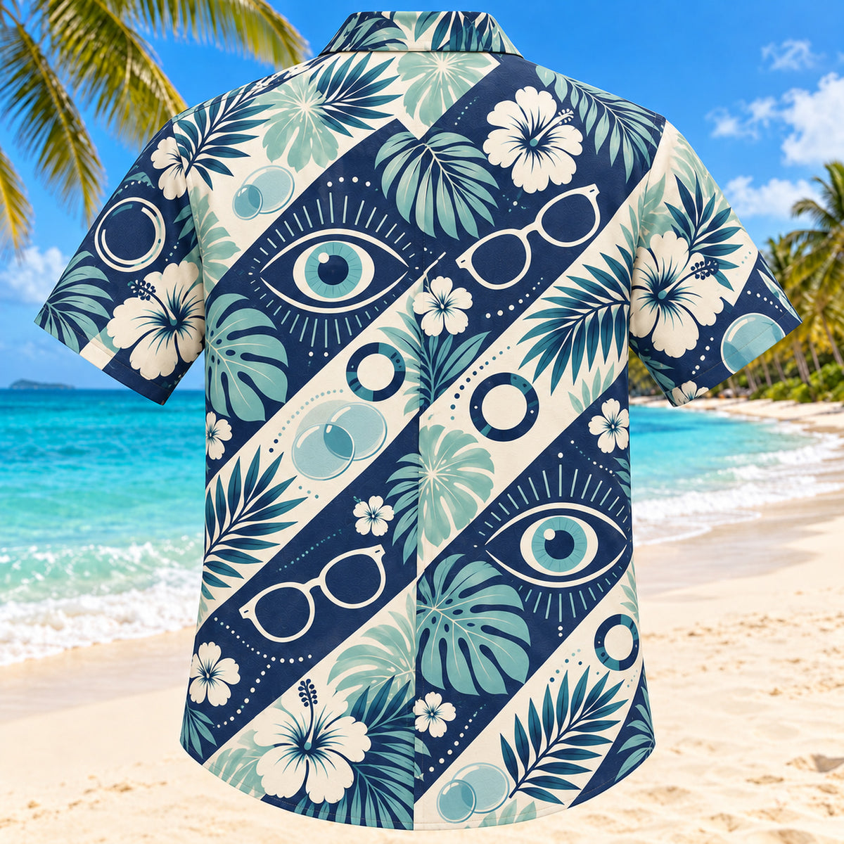 Back view of Vision Rings Navy Optometrist Hawaiian Shirt with matching artwork in navy, aqua, warm cream