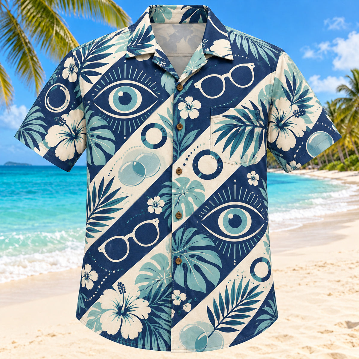 Front view of Vision Rings Navy Optometrist Hawaiian Shirt with original invented open rings and geometric vision motifs in a large focal motifs with small botanical echoes