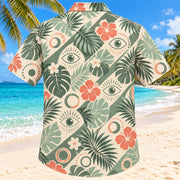 Back view of Vision Rings Sage Optometrist Hawaiian Shirt with matching artwork in sage, sand, coral