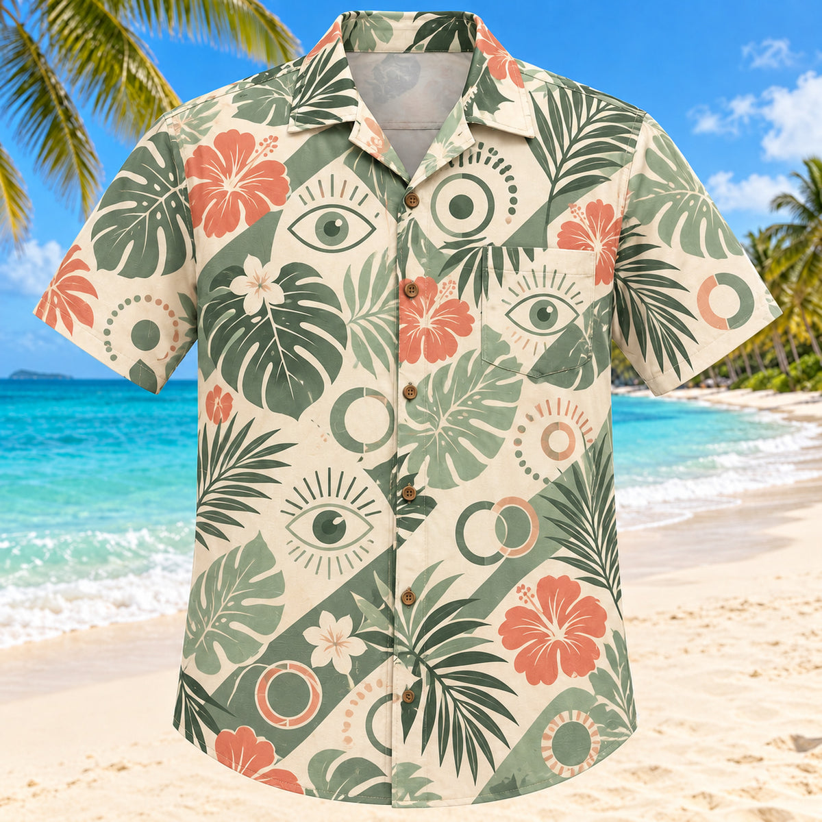 Front view of Vision Rings Sage Optometrist Hawaiian Shirt with original invented open rings and geometric vision motifs in a relaxed botanical clusters