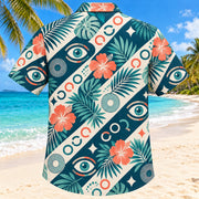Back view of Vision Rings Teal Optometrist Hawaiian Shirt with matching artwork in deep teal, ivory, coral