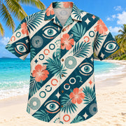 Front view of Vision Rings Teal Optometrist Hawaiian Shirt with original invented open rings and geometric vision motifs in a airy diagonal repeat