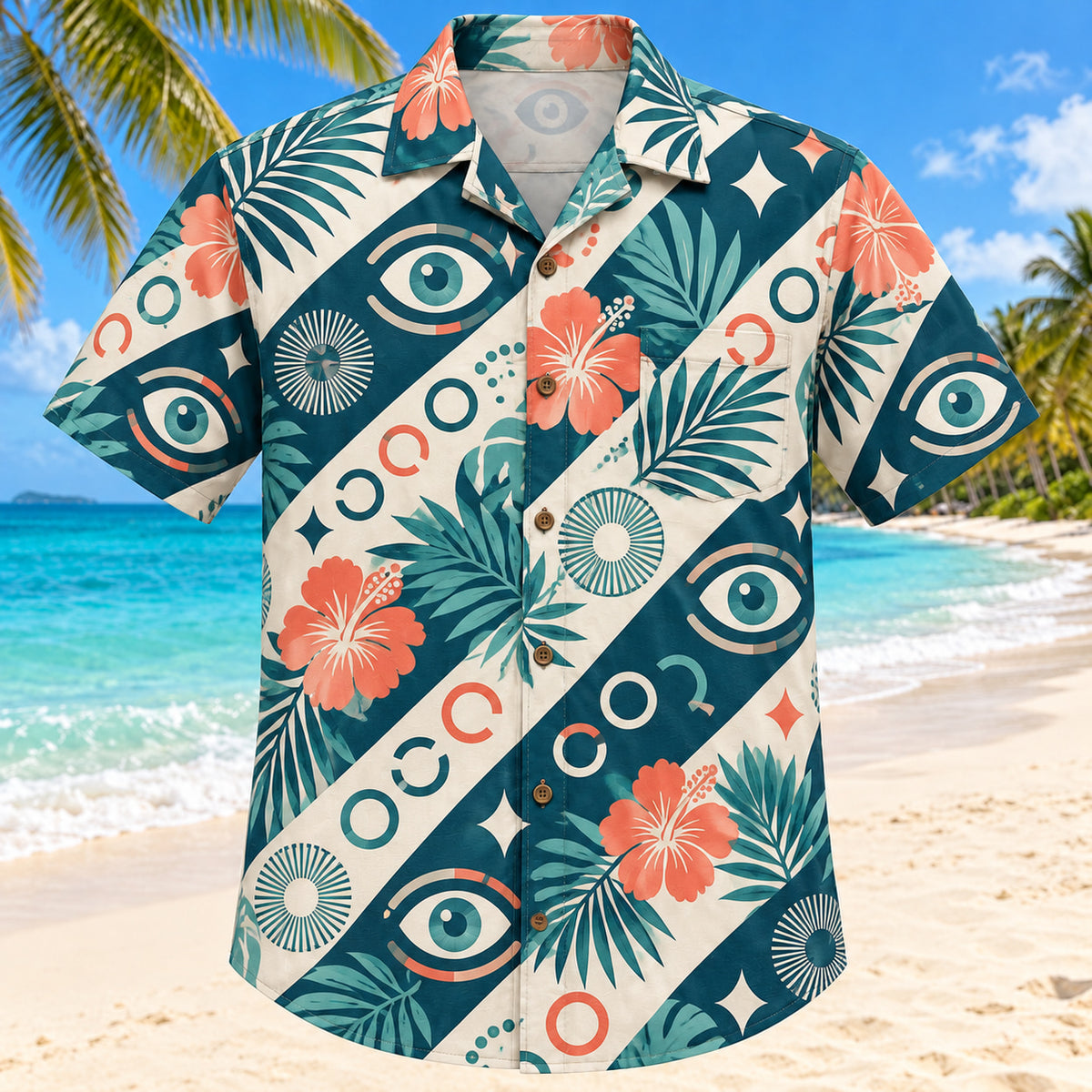 Front view of Vision Rings Teal Optometrist Hawaiian Shirt with original invented open rings and geometric vision motifs in a airy diagonal repeat