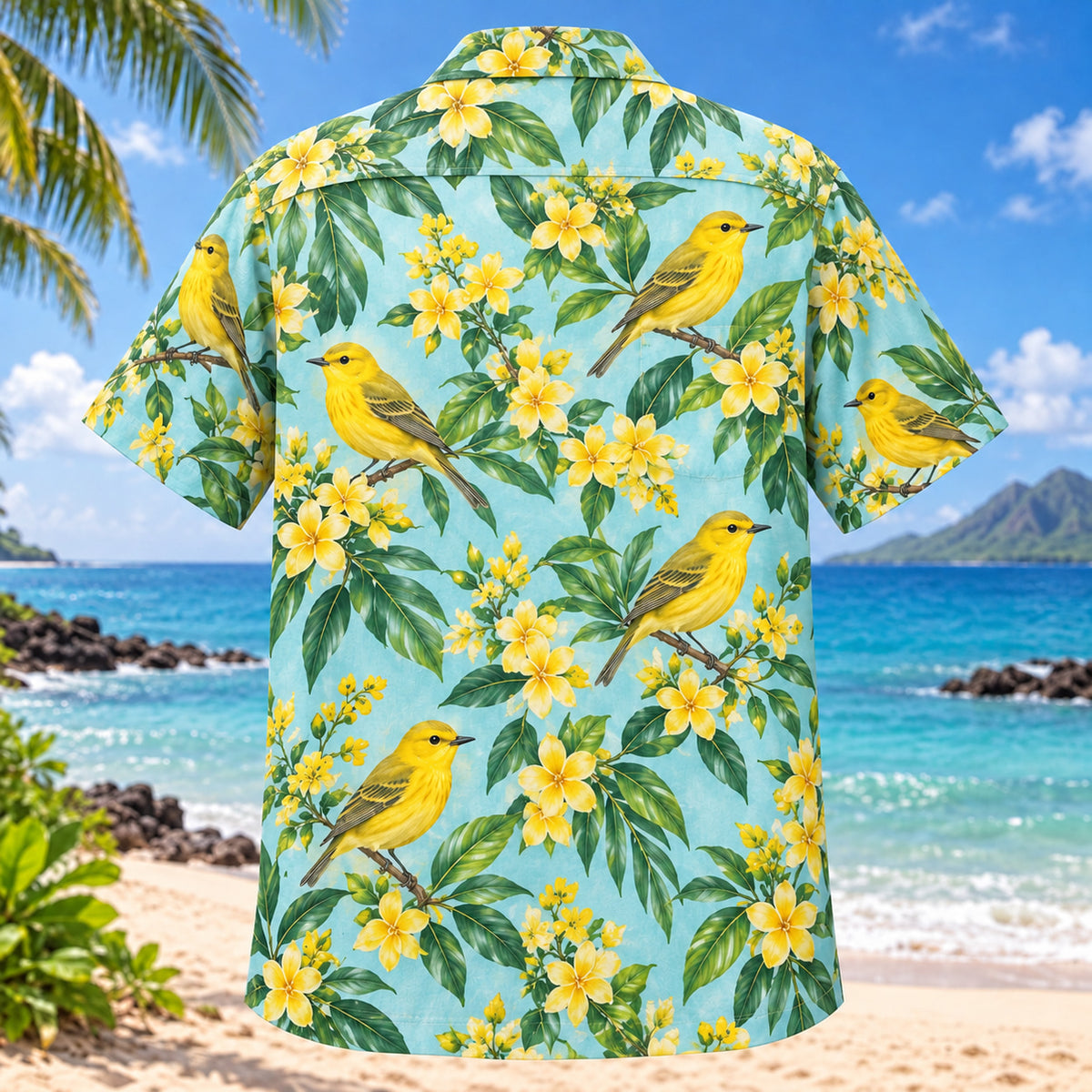 Back view of Warbler Sunshine Birdwatching Hawaiian Shirt with matching bird artwork in yellow, aqua, green