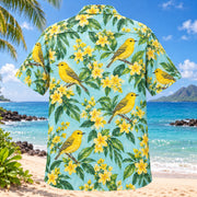Back view of Warbler Sunshine Birdwatching Hawaiian Shirt with matching bird artwork in yellow, aqua, green