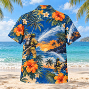 Back view of Water Arc Firefighter Hawaiian Shirt with matching artwork in cobalt, sand, orange