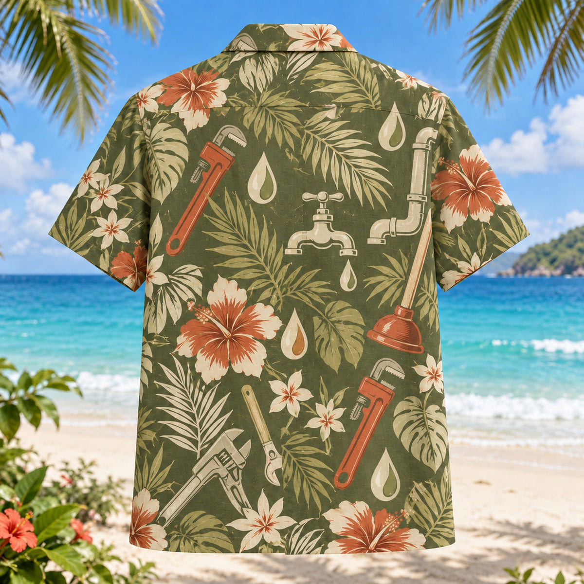 Back view of Water Drop Plumber Hawaiian Shirt with matching artwork in olive, cream, terracotta