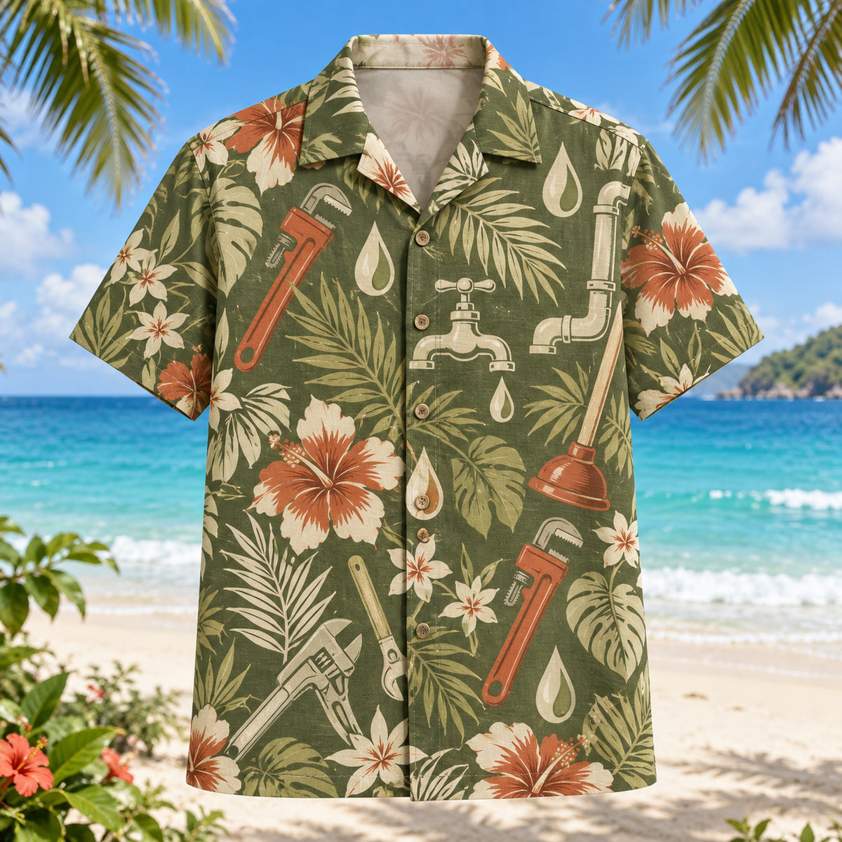 Front view of Water Drop Plumber Hawaiian Shirt with original water drop motifs, with tropical botanical accents; no text or branded equipment