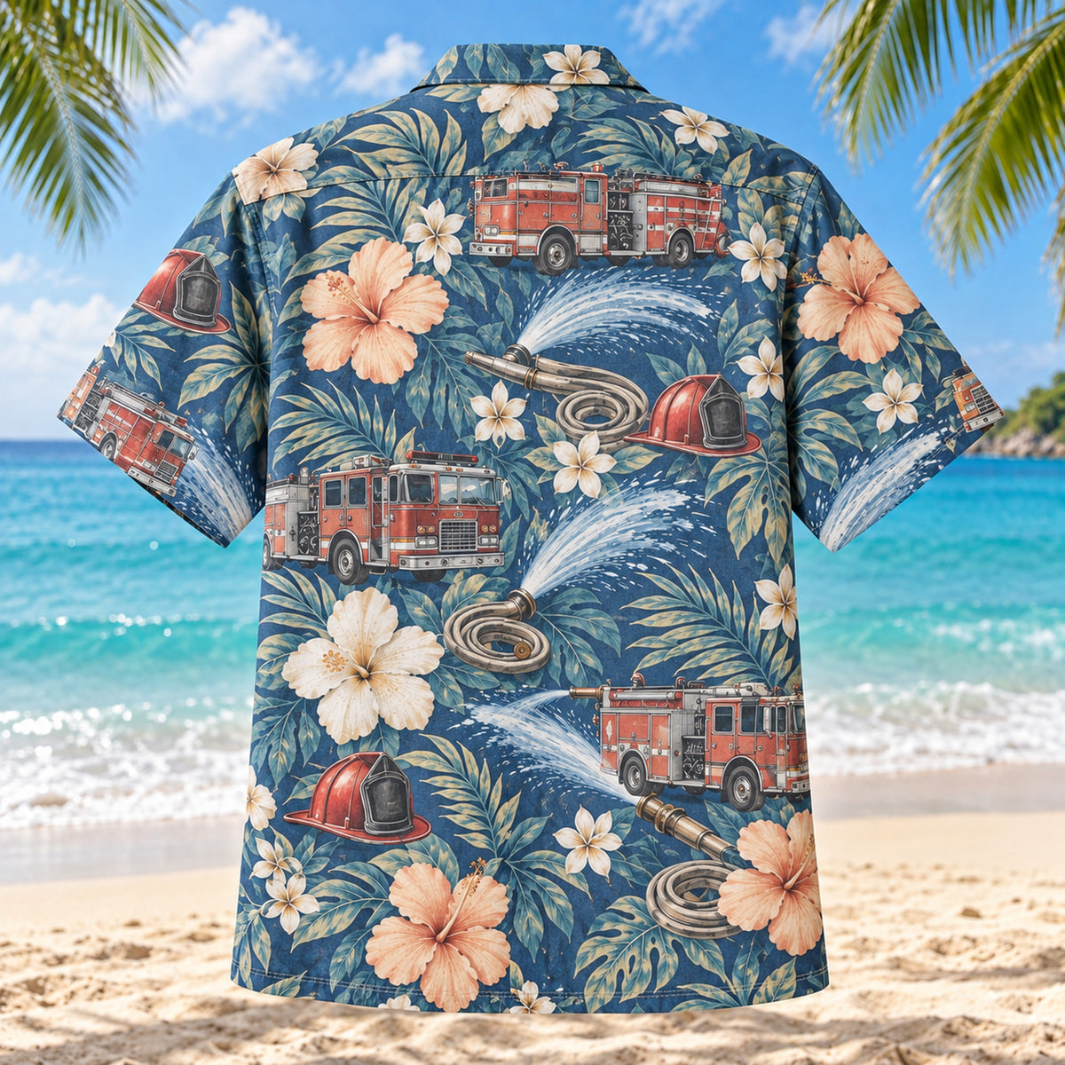 Back view of Water Spray Firefighter Hawaiian Shirt with matching artwork in denim, peach, ivory