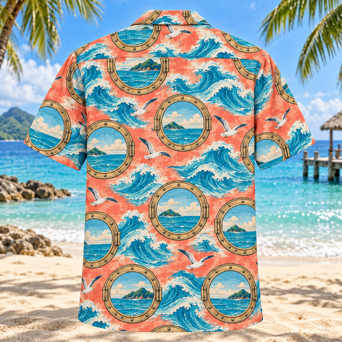 Back view of Wave and Window Cruise Travel Hawaiian Shirt with matching artwork in coral, sea blue, sand