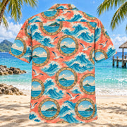 Back view of Wave and Window Cruise Travel Hawaiian Shirt with matching artwork in coral, sea blue, sand