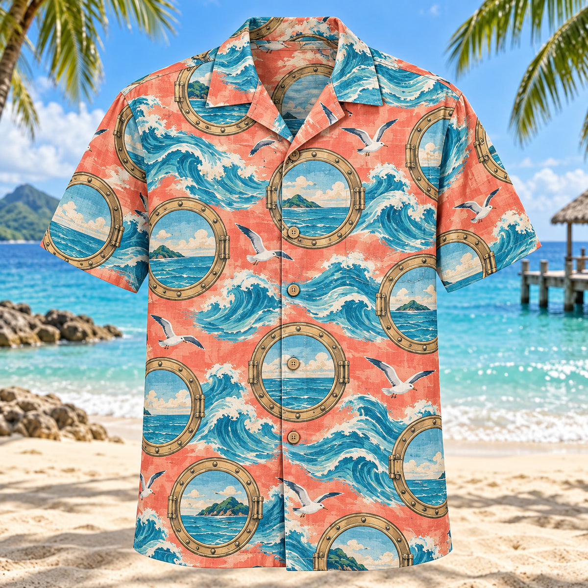Front view of Wave and Window Cruise Travel Hawaiian Shirt with original, text-free illustrations of round portholes, turquoise waves and gull silhouettes