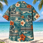 Back view of Weld Bead Welder Hawaiian Shirt with matching artwork in teal, ivory, rust