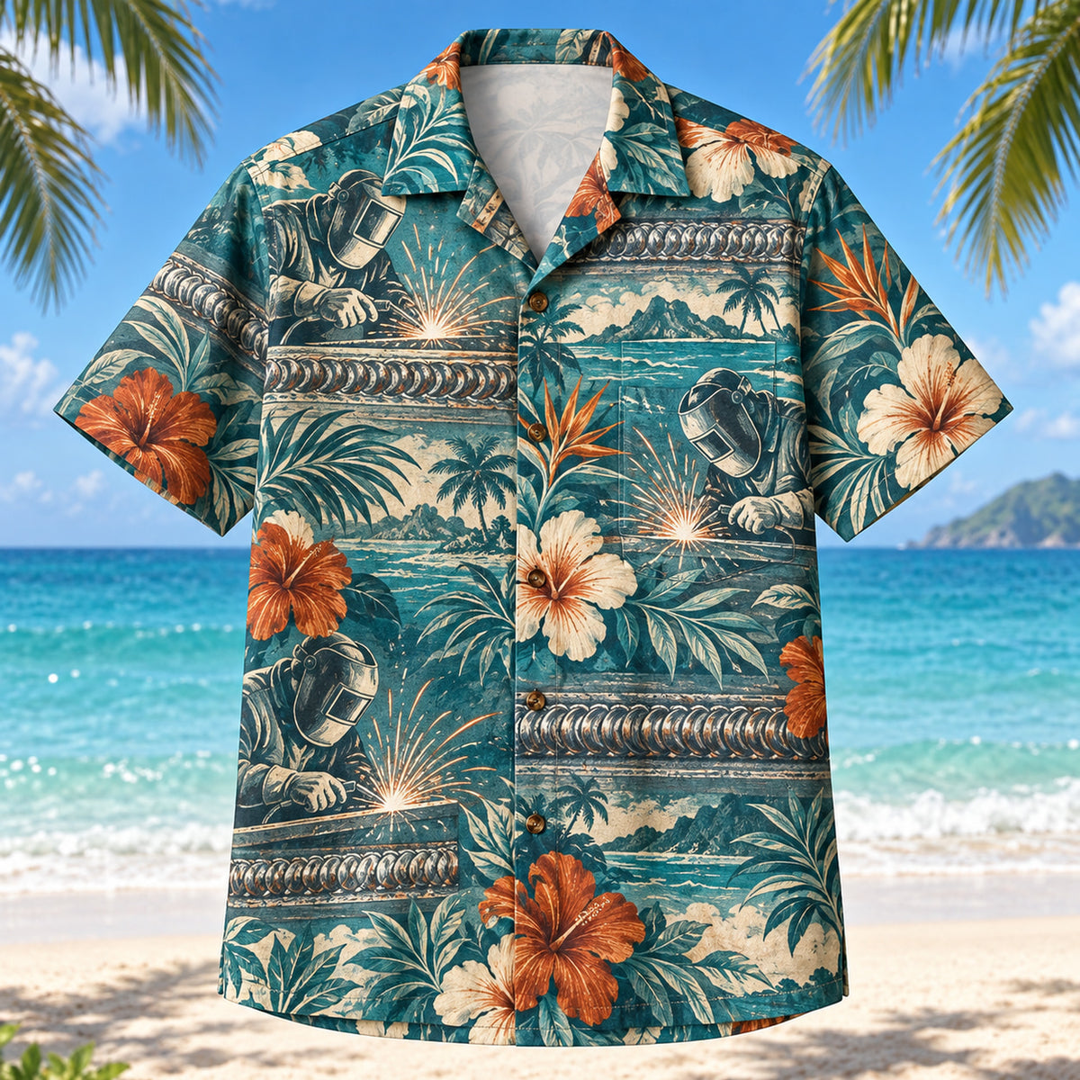 Front view of Weld Bead Welder Hawaiian Shirt with original weld bead motifs, with tropical botanical accents; no text or branded equipment