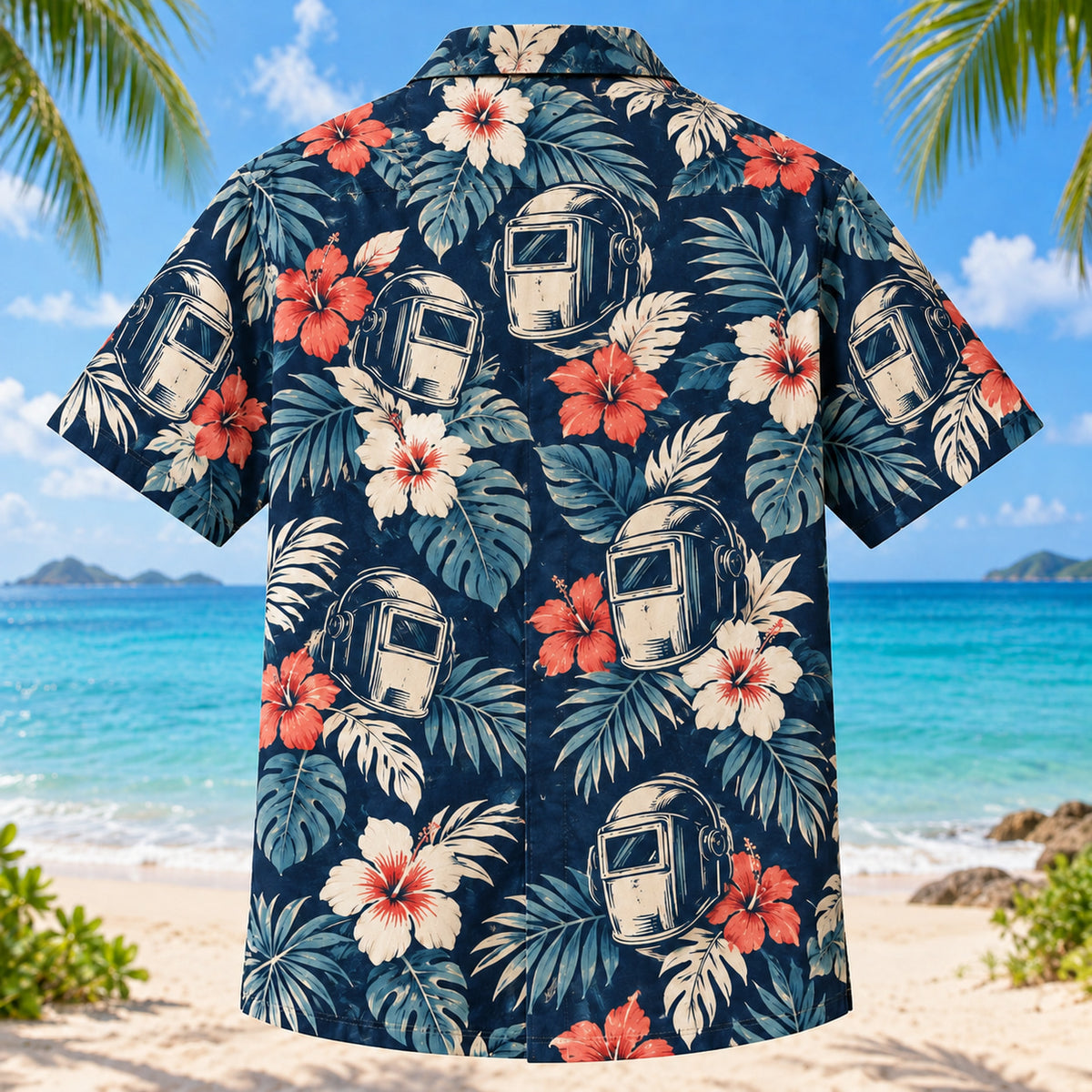 Back view of Welding Mask Welder Hawaiian Shirt with matching artwork in navy, cream, coral