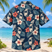 Back view of Welding Mask Welder Hawaiian Shirt with matching artwork in navy, cream, coral