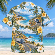 Back view of Winding Lanes Truck Driver Hawaiian Shirt with matching artwork in sky, white, ochre