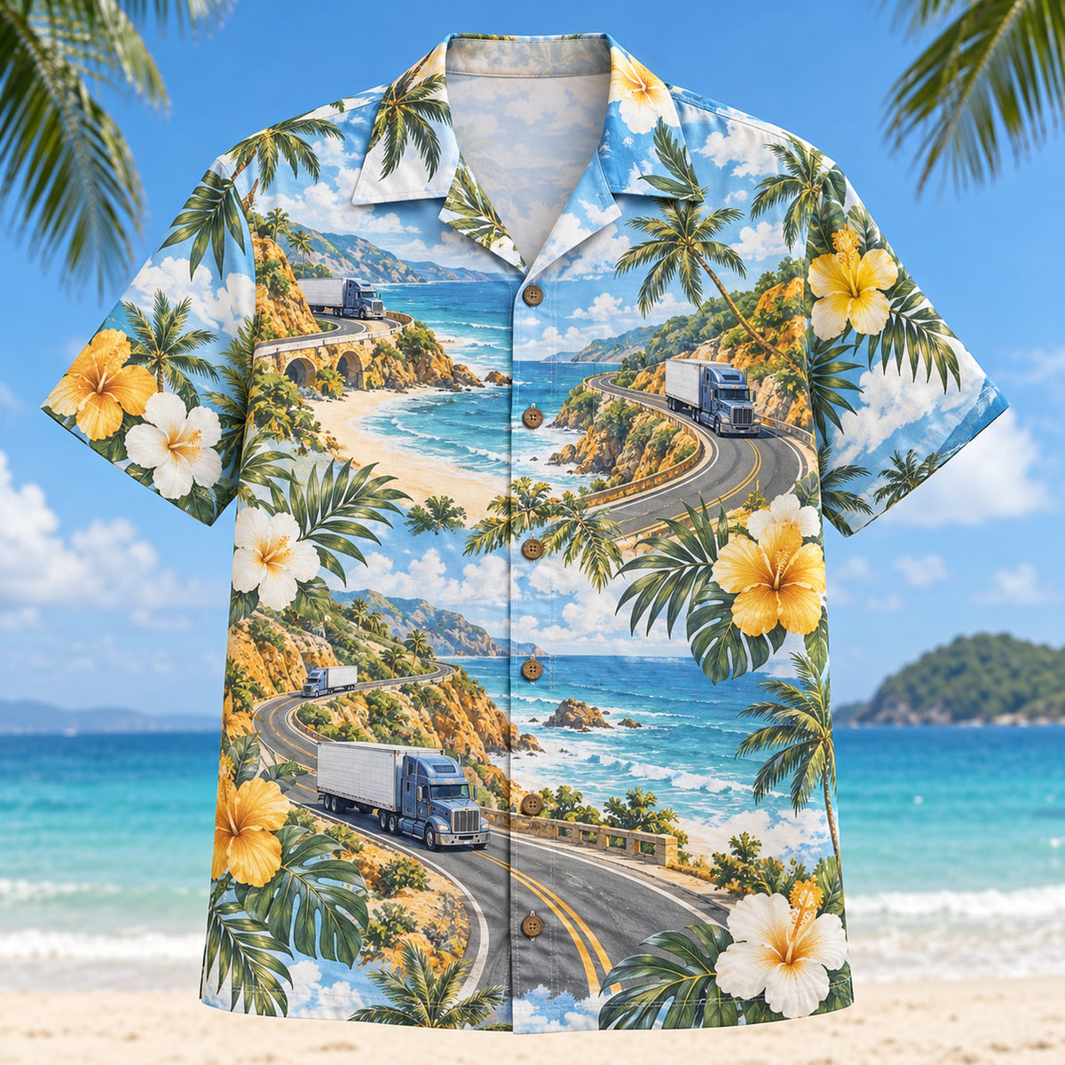 Front view of Winding Lanes Truck Driver Hawaiian Shirt with original winding lanes motifs, with tropical botanical accents; no text or branded equipment