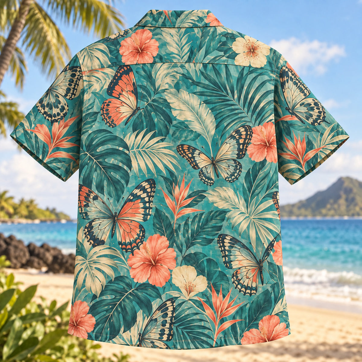 Back view of Wing Study Butterfly and Moth Hawaiian Shirt with matching artwork in teal, coral, cream