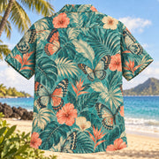 Back view of Wing Study Butterfly and Moth Hawaiian Shirt with matching artwork in teal, coral, cream