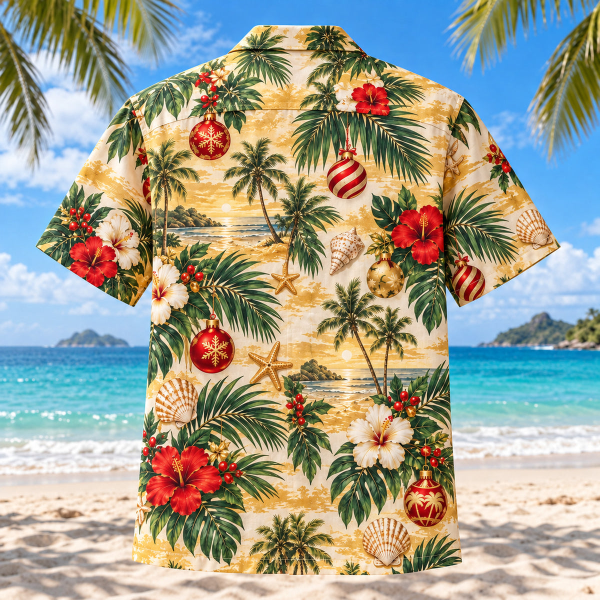 Back view of Winter Sun Palm Christmas Hawaiian Shirt with matching artwork in sun gold, palm green, cream