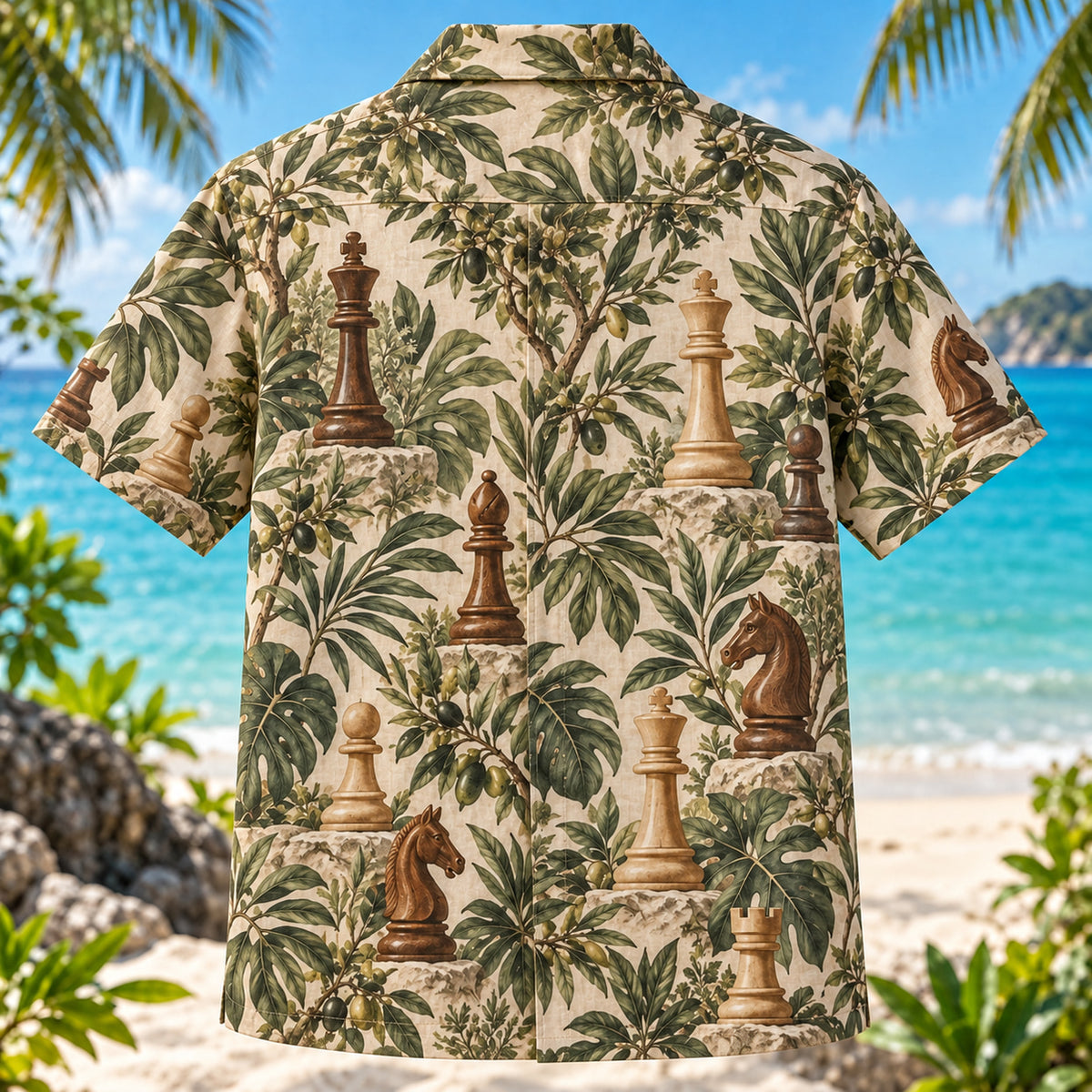 Back view of Wooden Chess Grove Chess Hawaiian Shirt with matching artwork in walnut, sage, cream