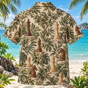 Back view of Wooden Chess Grove Chess Hawaiian Shirt with matching artwork in walnut, sage, cream