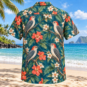 Back view of Woodpecker Garden Birdwatching Hawaiian Shirt with matching bird artwork in teal, coral, cream