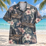 Front view of Workbench Welder Hawaiian Shirt with original workbench motifs, with tropical botanical accents; no text or branded equipment