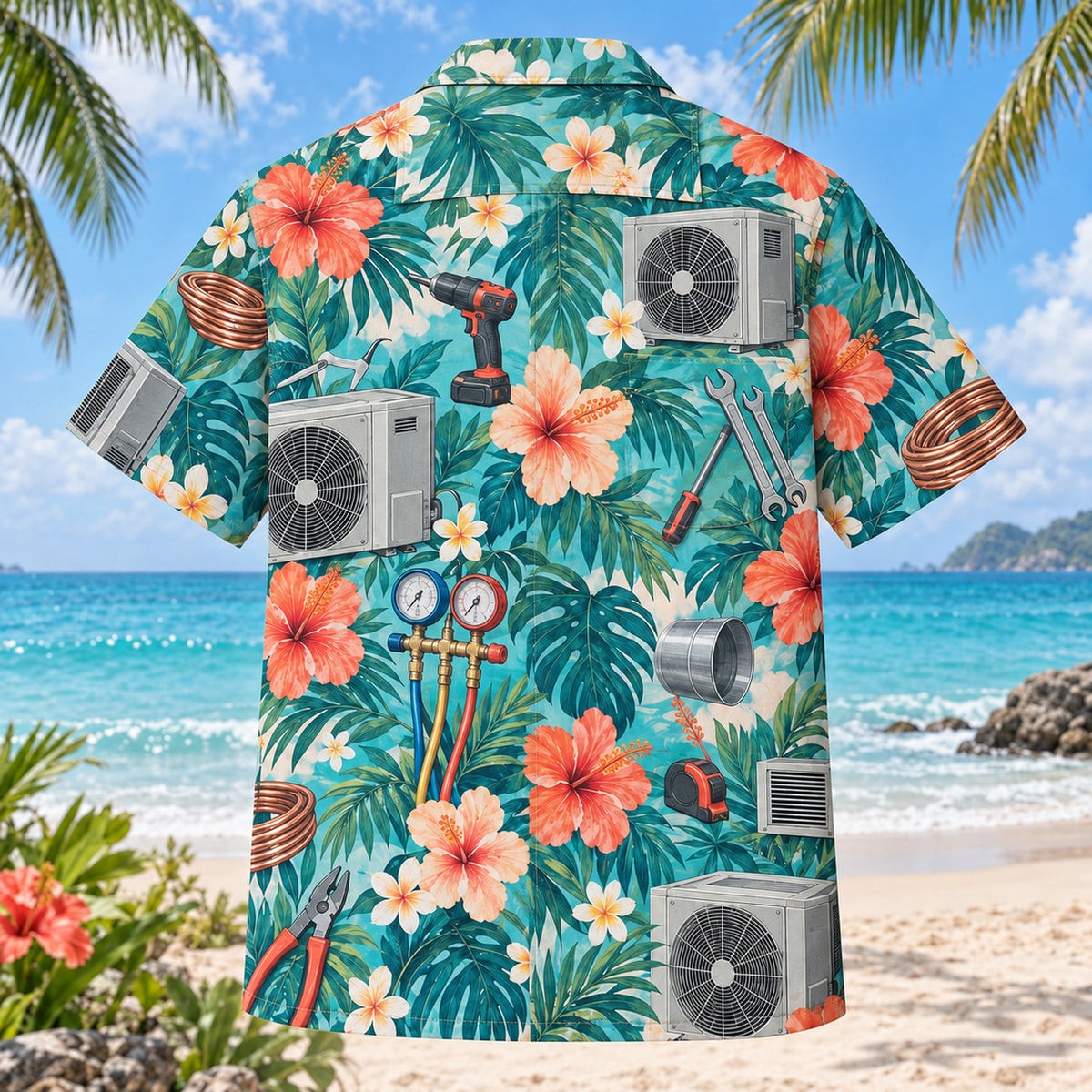 Back view of Workshop HVAC Hawaiian Shirt with matching artwork in turquoise, coral, cream